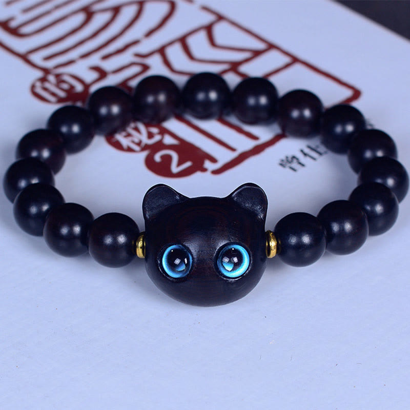Natural Ebony Wood and Liuli Glass Lucky Cat Beaded Bracelet for Cat Lovers