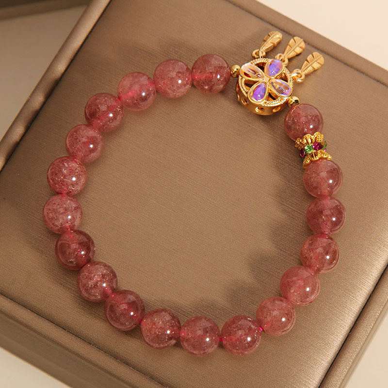 Natural Strawberry Quartz Four Leaf Clover Dreamcatcher Charm Love Bracelet