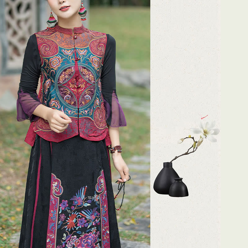 Vintage Style Embroidery Flower Tang Suit Design Sleeveless Vest