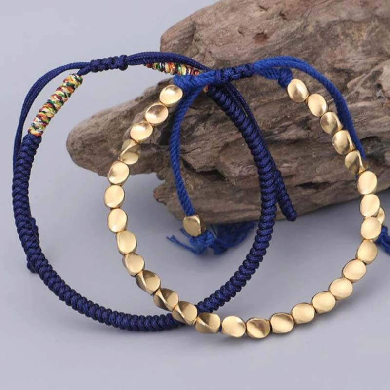 Handmade Tibetan Copper Beads & Endless Knot Woven Bracelet Set - 3 Pieces