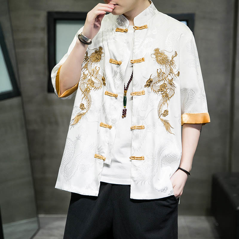 Frog-Button Chinese Dragon Embroidery Half Sleeve Shirt Linen Men Clothing