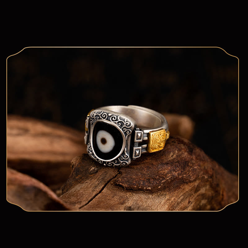 925 Sterling Silver & Gold Zakiram Dzi Bead Adjustable Ring