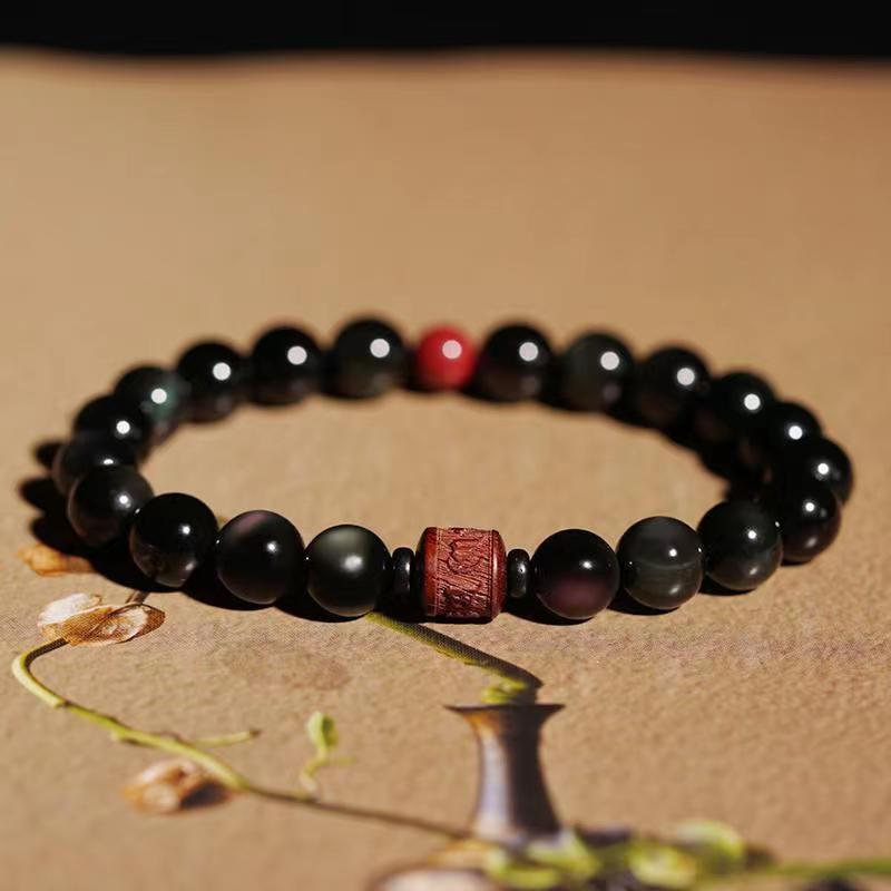 Natural Gold Sheen Obsidian Rainbow Obsidian Om Mani Padme Hum Fu Character Healing Bracelet