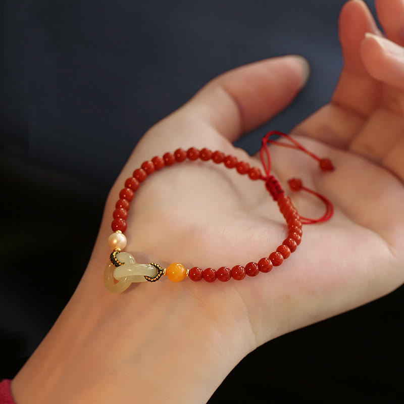 Natural Red Agate Hetian Jade Double Peace Buckle Confidence Bracelet