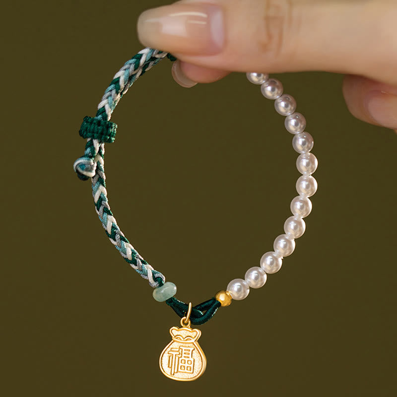925 Sterling Silver Hetian Jade & Pearl Fu Wealth Bag Adjustable Rope Bracelet