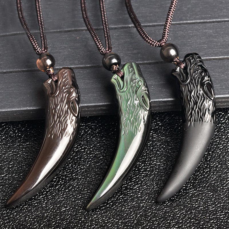 Natural Black Obsidian Ice Obsidian Rainbow Obsidian Wolf Tooth Pattern Strength Necklace Pendant