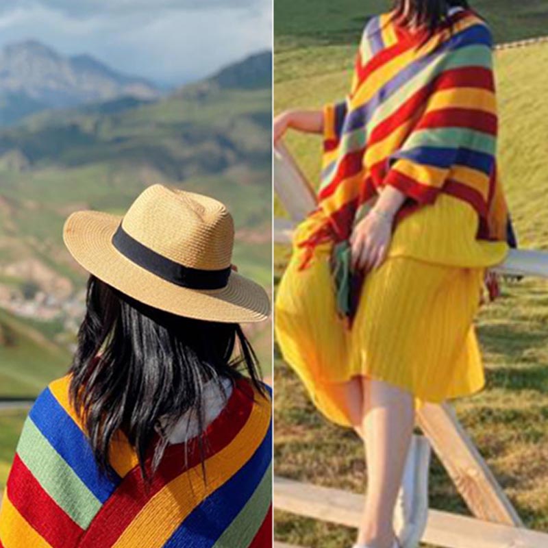 Knitted Striped Tassel Pullover Meditation Shawl Wrap
