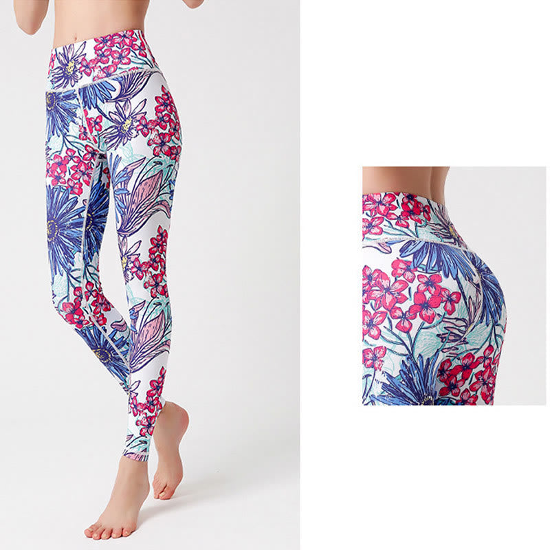 Colorful Flower Petal Leaves Print Sports Exercise Fitness High Waist Leggings Women's Yoga Pants