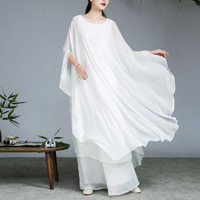 Lightweight Chiffon Flowing Midi Dress and Wide-Leg Meditation Set