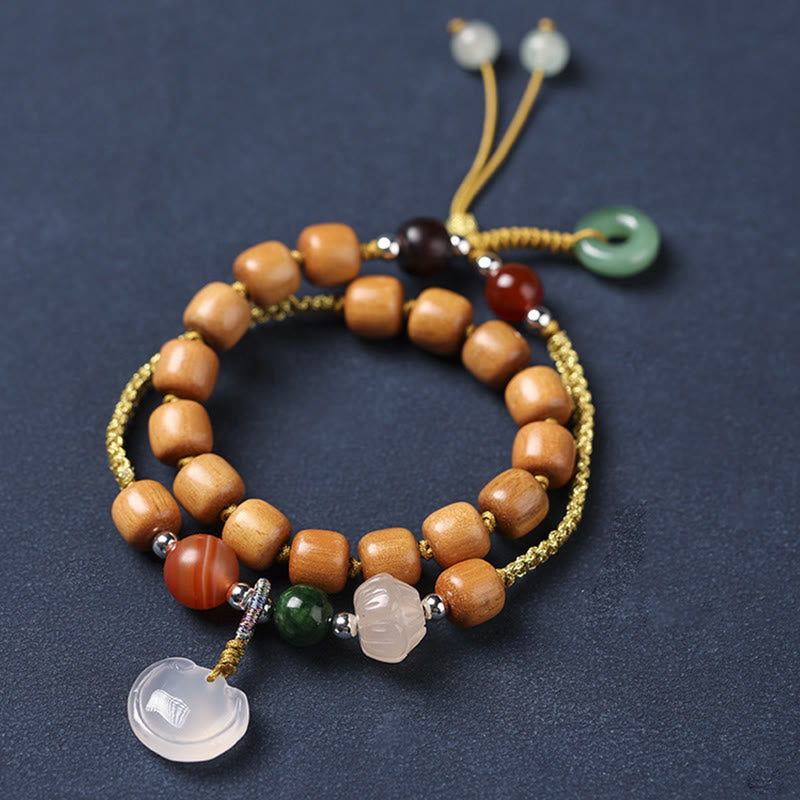 Green Sandalwood Chalcedony Peace Buckle Charm Soothing Double Wrap Bracelet