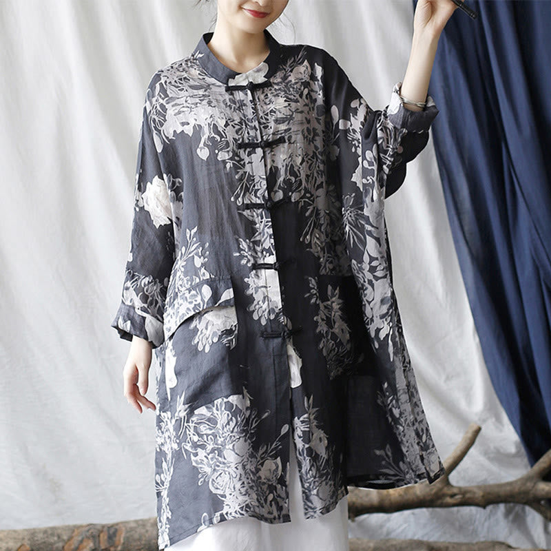 Ramie Linen Floral Stand-Collar Mindful Layering Jacket Shirt