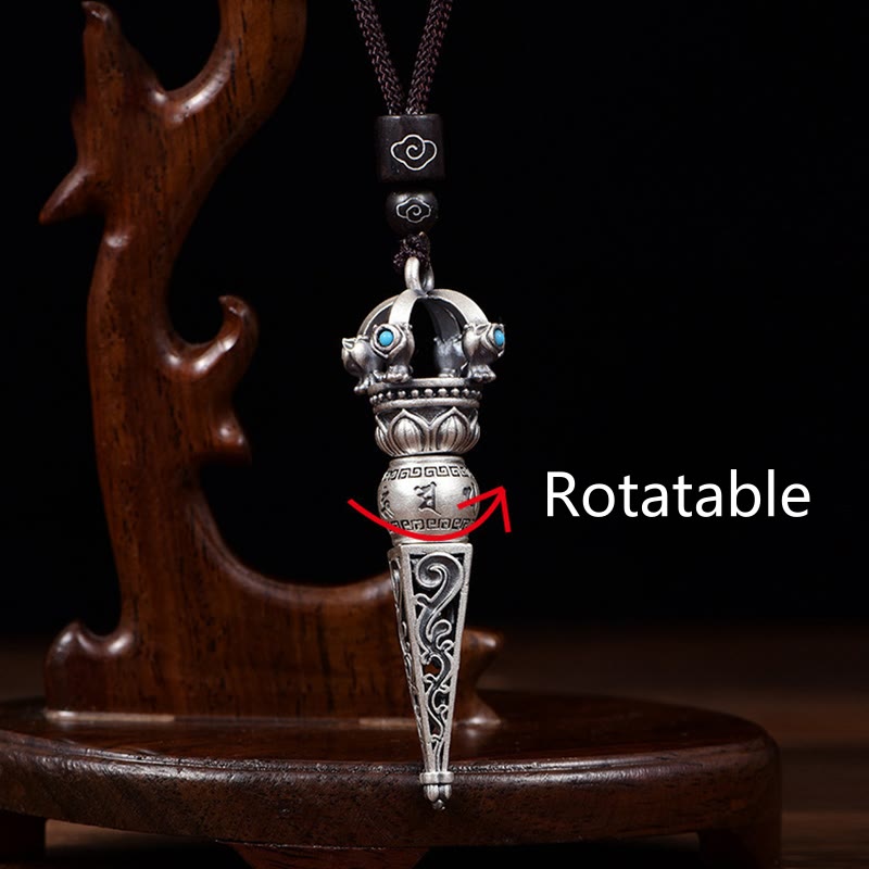 Tibetan Om Mani Padme Hum Dorje Vajra Design Wisdom Rotatable Necklace Pendant
