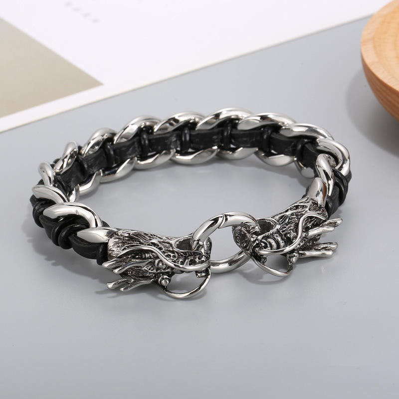 Masculine Dragon Braided Leather and Titanium Steel Bracelet