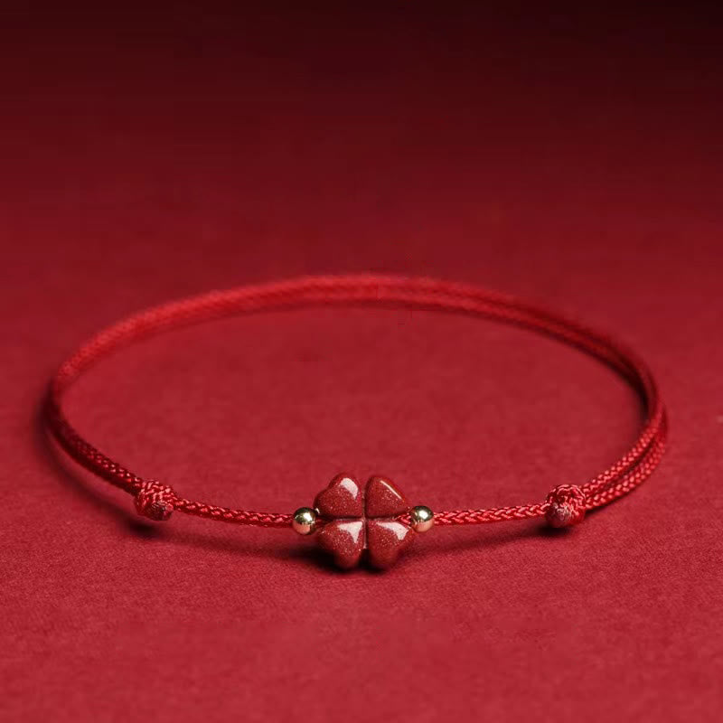 Handmade Cinnabar Four Leaf Clover Charm Red String Bracelet Anklet