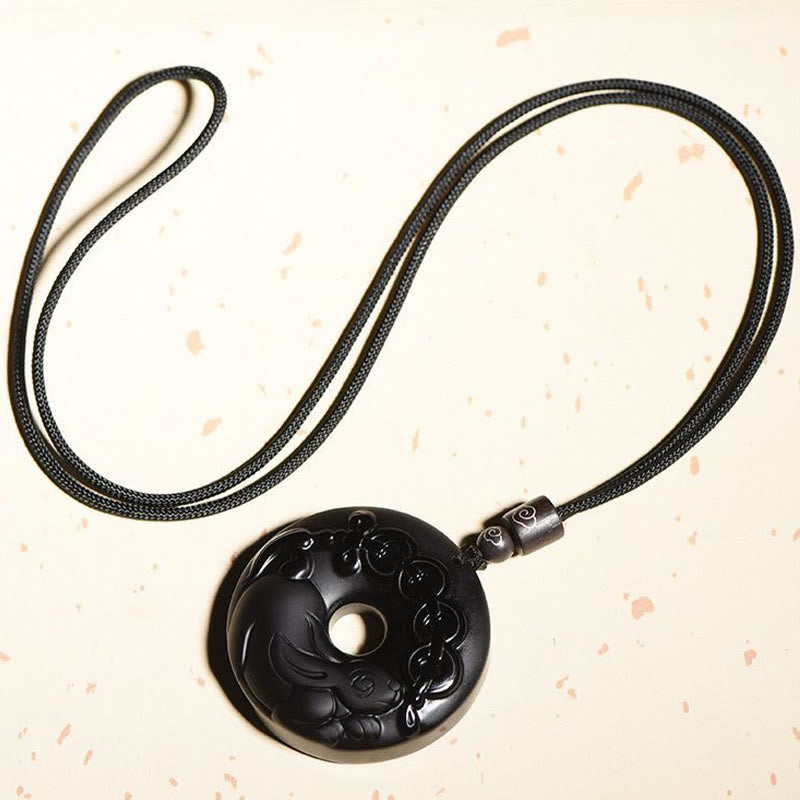 Chinese Zodiac Natural Black Obsidian Peace Buckle Strength Necklace Pendant