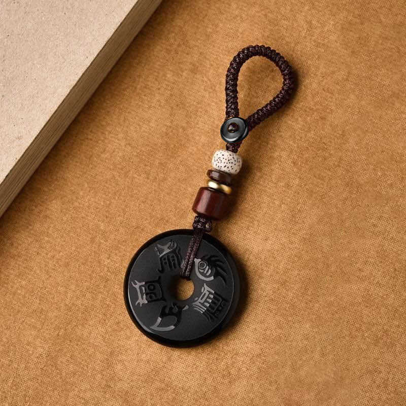Black Obsidian Taoism Five Sacred Mountains Carved Strength Peace Buckle Necklace Pendant Key Chain Phone Hanging Decoration