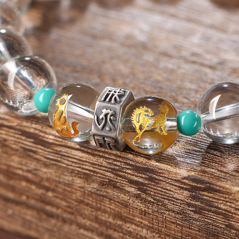 925 Sterling Silver Hetian Jade & White Crystal Chinese Zodiac Guardian Buddha Beaded Bracelet