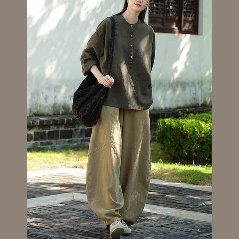 Solid Color Loose Button Blouse Long Sleeve Shirt Top