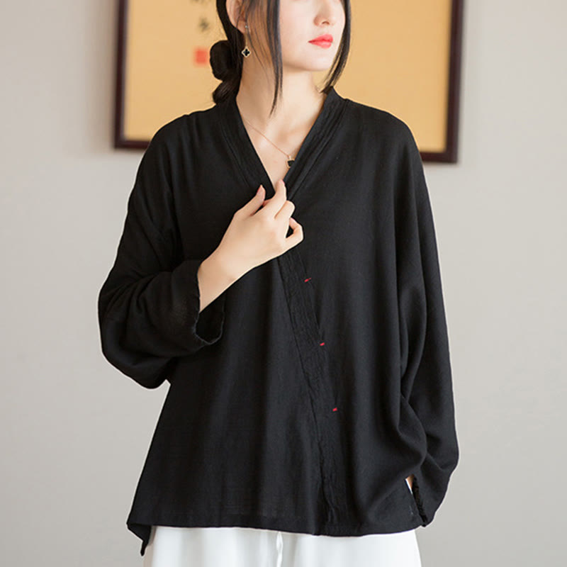 V-Neck Blouse Women Shirt Long Sleeve Top Chinese Hanfu Style Clothing