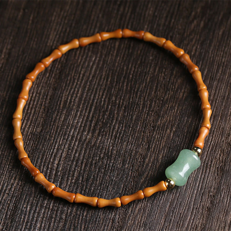 Natural Olive Pit Green Aventurine Bamboo Pattern Luck Bracelet