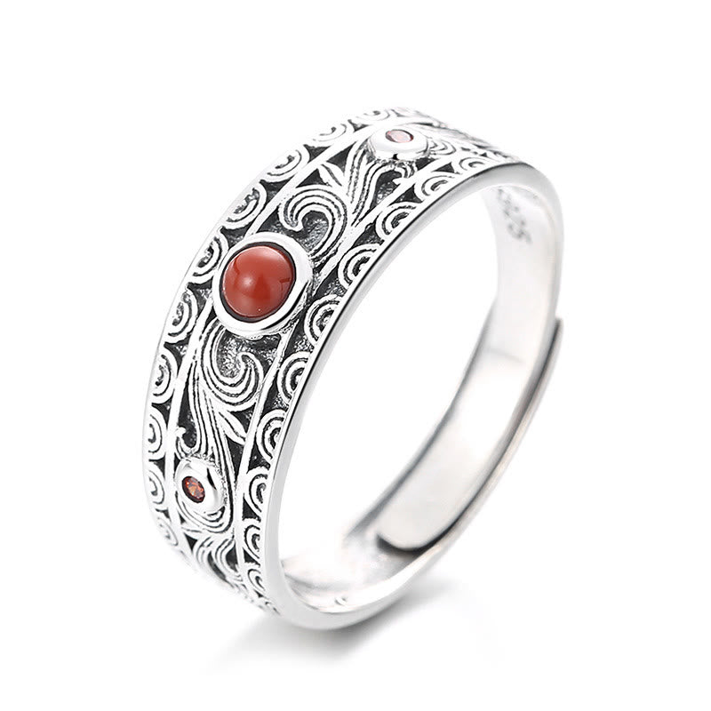 925 Sterling Silver Embedded Red Agate Auspicious Clouds Logical Thinking Ring