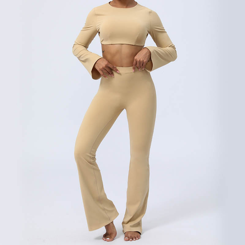 Long Sleeve Backless Strap Top Bra Flare Pants Fitness Yoga Outfit