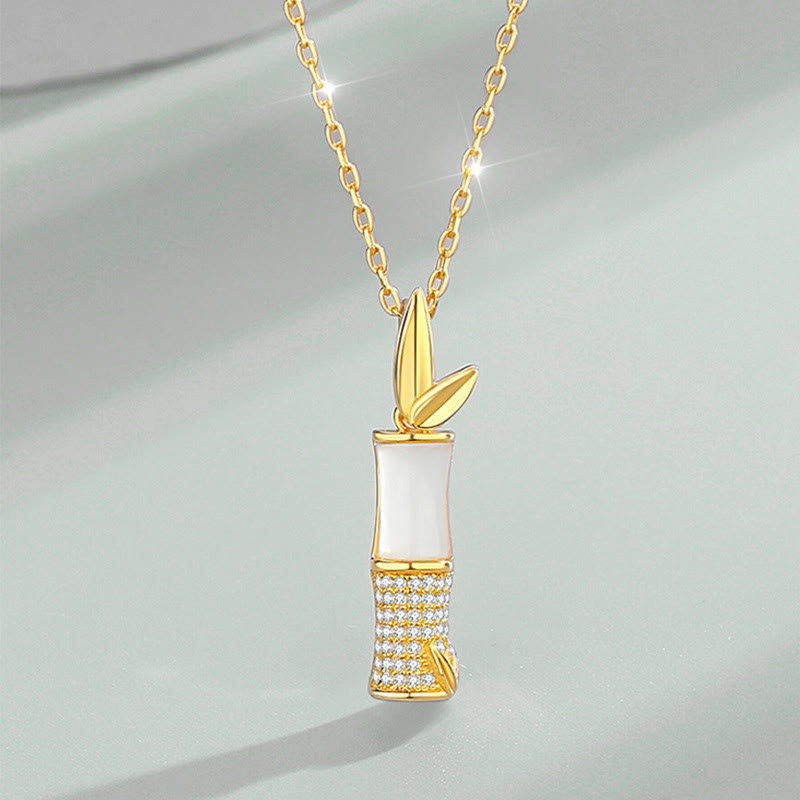 925 Sterling Silver Hetian White Jade Bamboo Happiness Necklace Pendant