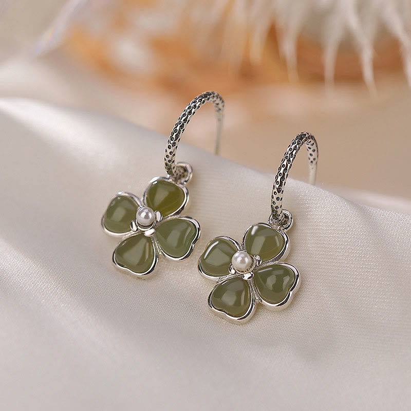 Natural Jade and 925 Sterling Silver Four-Leaf Clover Stud Earrings