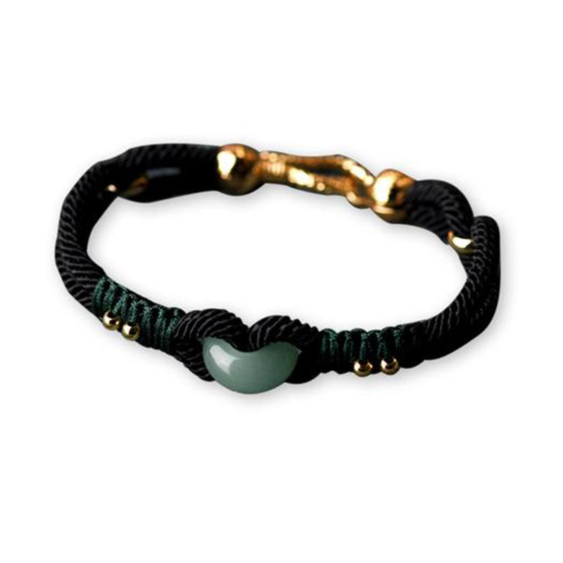 Minimalist Tibetan Jade and Gold Black Rope Couple Bracelet