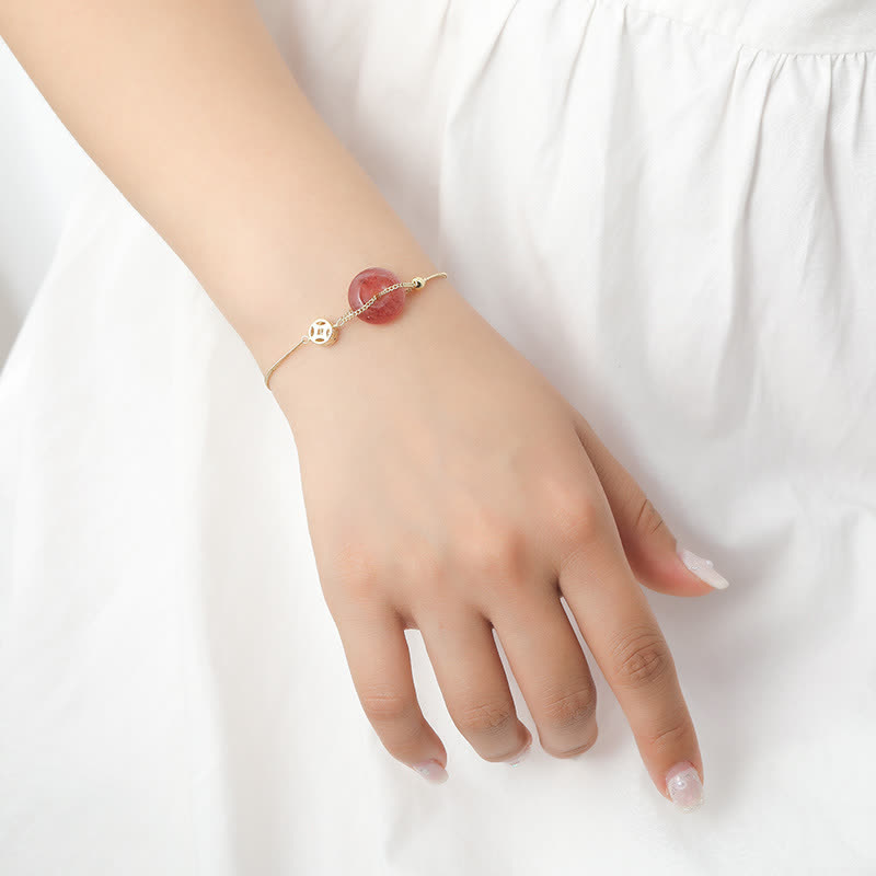Strawberry Quartz Ping An Kou Peace Buckle Chinese Coin Love Beaded Bracelet