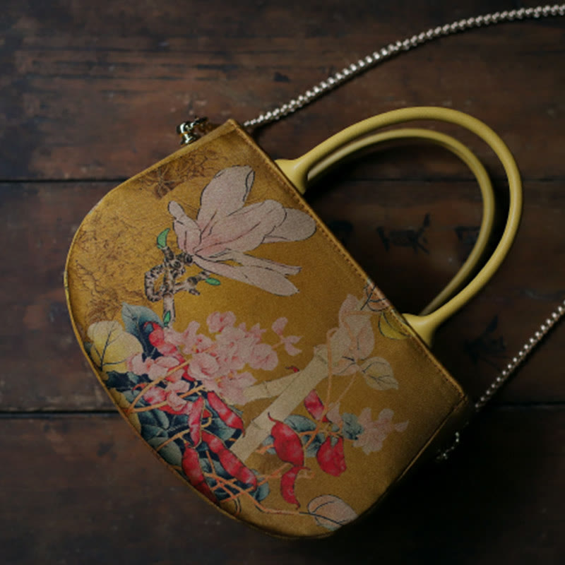 Vintage Flower Peony Metal Chain Zipper Handbag Crossbody Bag Shoulder Bag