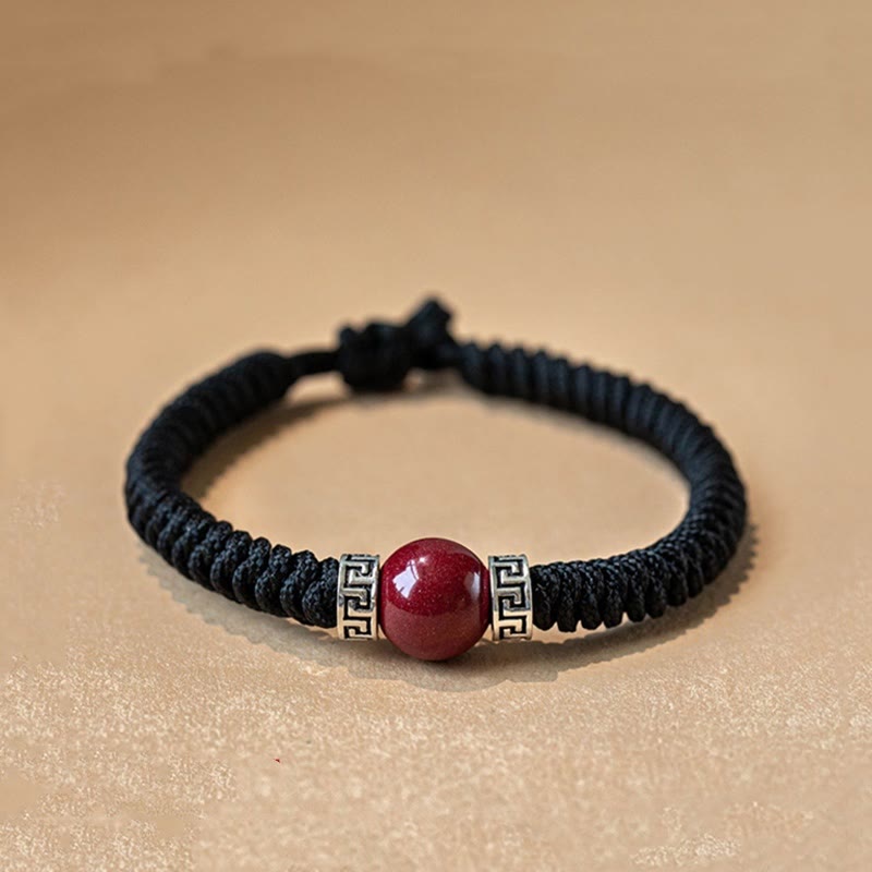 Handmade 925 Sterling Silver and Natural Cinnabar Braided Red String Bracelet