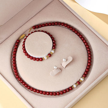 925 Sterling Silver Natural Cinnabar Pearl Blessing Necklace Pendant Bracelet Earrings Jewelry Set