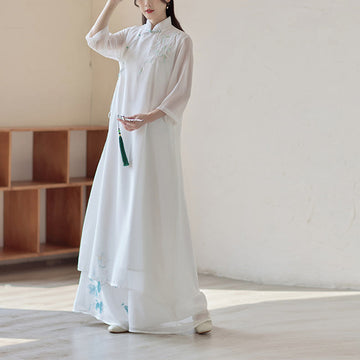 Bamboo Cheongsam Dress Midi Dress Wide Leg Pants Meditation Spiritual Zen Practice Clothing