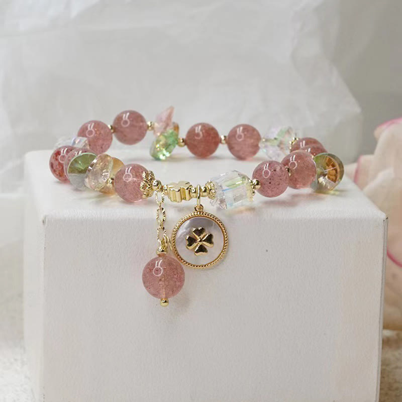 Strawberry Quartz Lucky Four Leaf Clover Healing Charm Bracelet