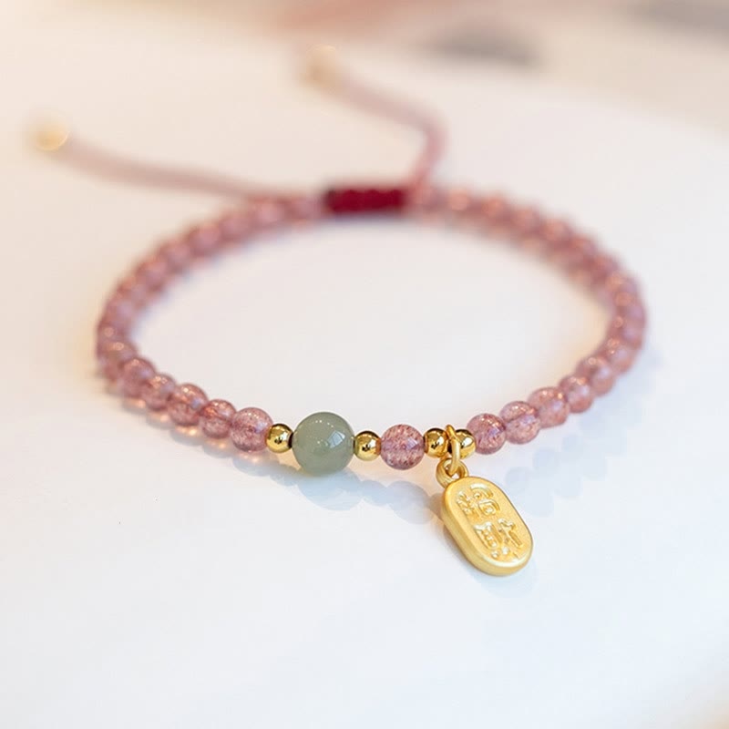 Natural Jade & Strawberry Quartz Garnet Fu Prosperity Character Beaded Bracelet