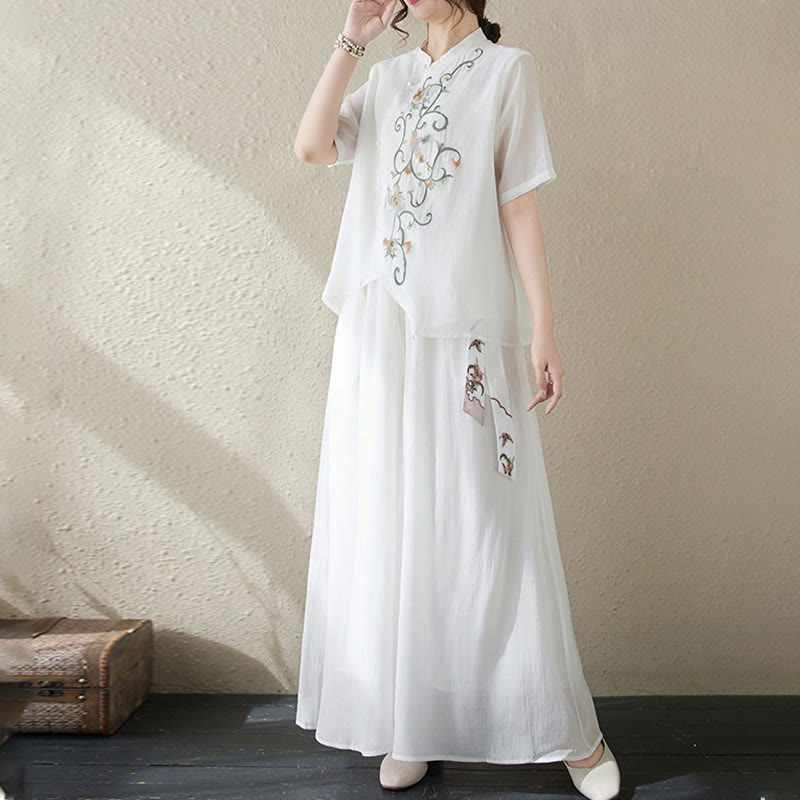 2Pcs Flower Embroidery Short Sleeve Tee T-shirt Wide Leg Pants Set