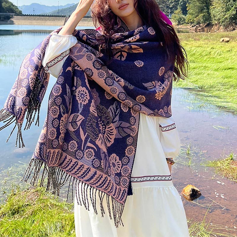Tibetan Flower Floral Leaves Pattern Design Shawl Cozy Travel Scarf Wrap