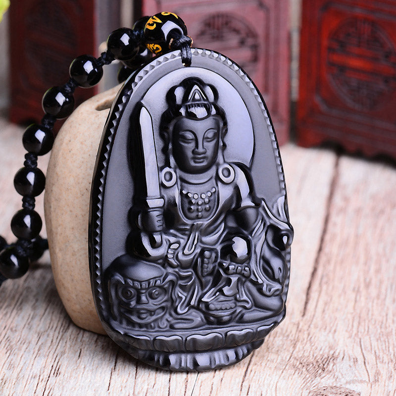 Chinese Zodiac Obsidian Buddha Amulet Protection Pendant Necklace