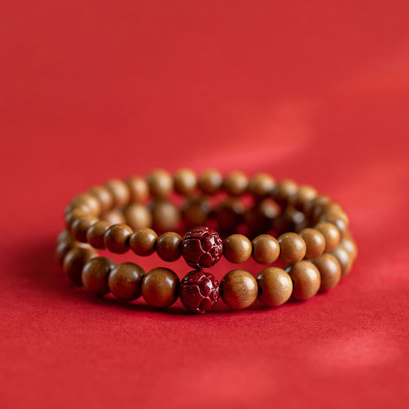 Peach Wood Lotus Cinnabar Luck Wealth Bracelet