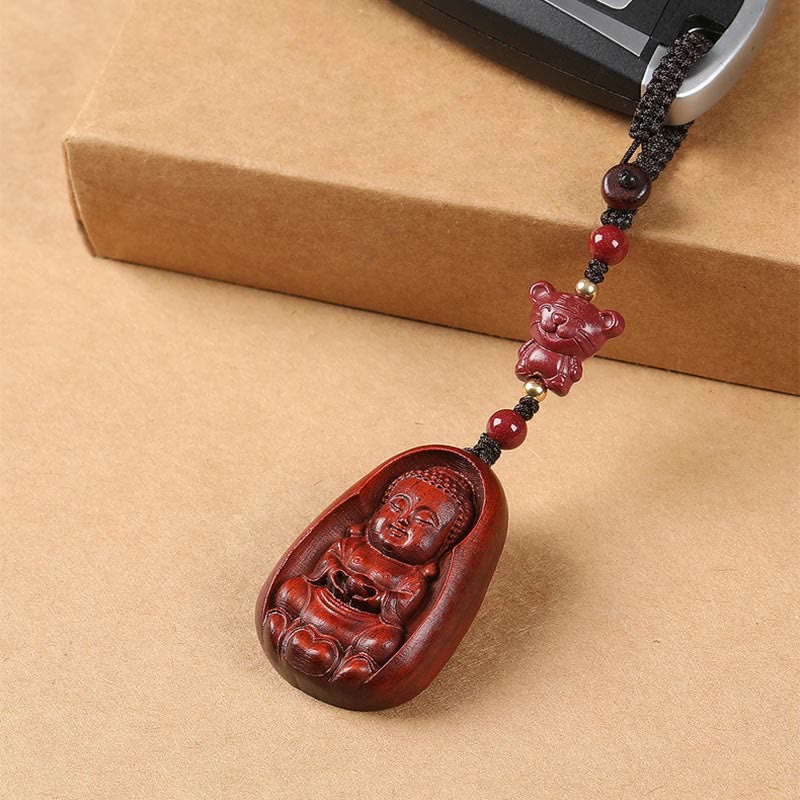Small Leaf Red Sandalwood & Cinnabar Buddha Chinese Zodiac Carved Keychain