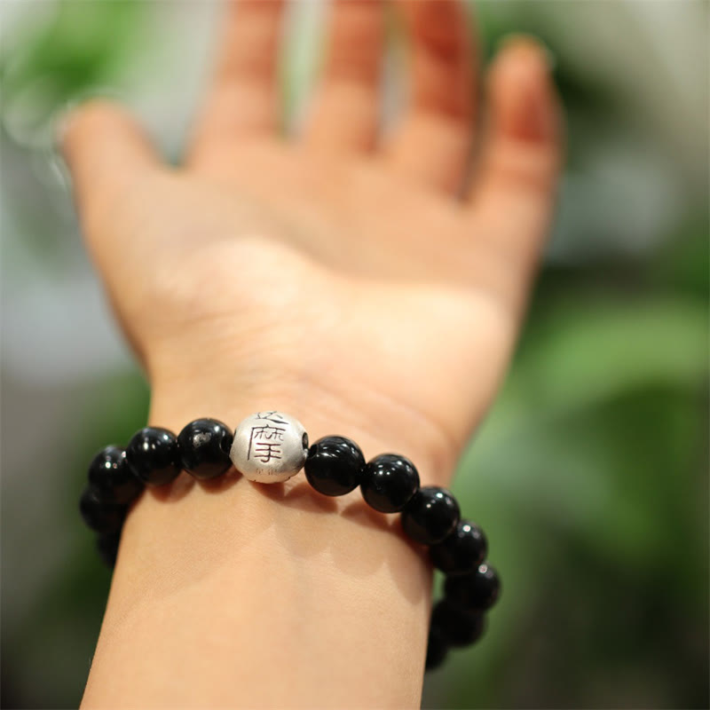 Engraved 925 Sterling Silver and Black Onyx Beaded Bracelet