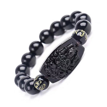 Hand-Carved Black Obsidian Om Mani Padme Hum Chinese Zodiac Beaded Bracelet