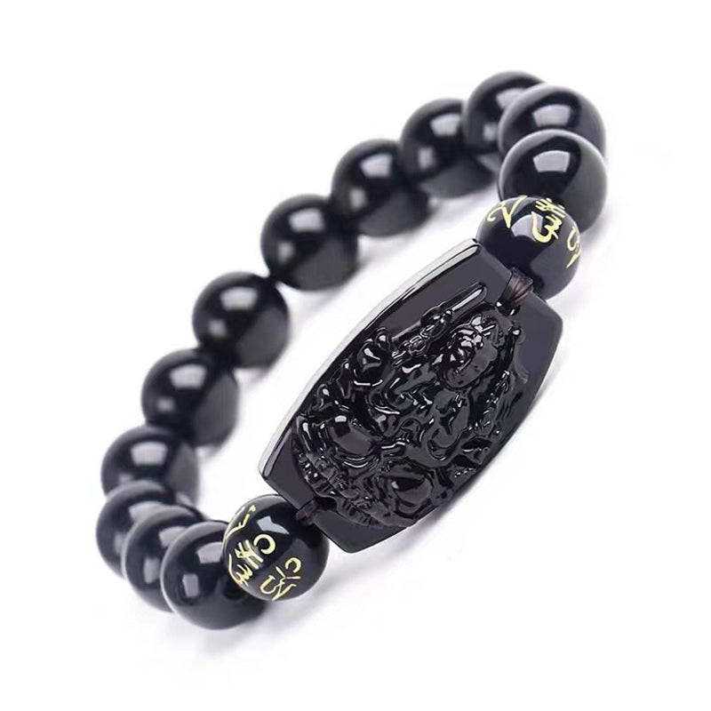 Hand-Carved Black Obsidian Om Mani Padme Hum Chinese Zodiac Beaded Bracelet
