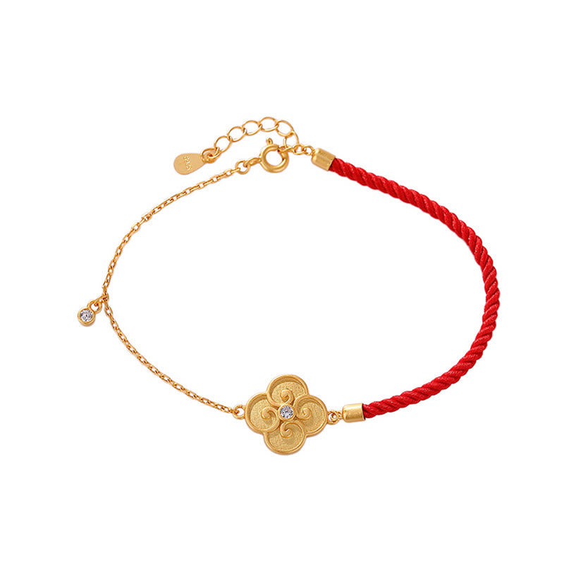 Handmade Red String Bracelet with Gold Plated 925 Sterling Silver Four-Leaf Clover and Zircon