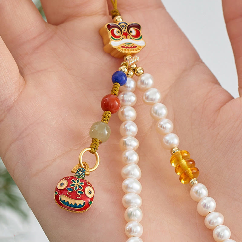Natural Pearl Cinnabar Money Bag Bell Gold Swallowing Beast Dancing Lion Healing Phone Hanging Decoration