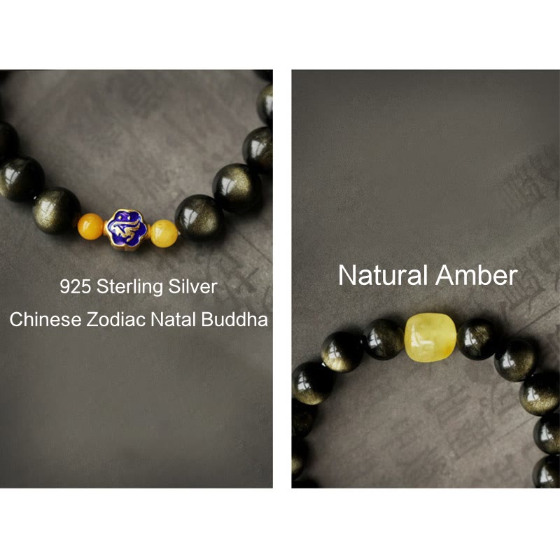 Natural Gold Sheen Obsidian & Amber Bracelet with 925 Sterling Silver and Zodiac Guardian