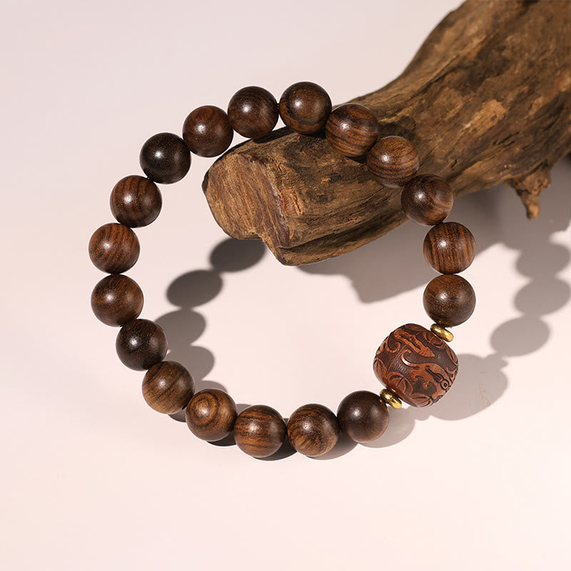 Hand-Carved Rosewood & Jade Turquoise Copper Auspicious Clouds Fu Symbol Bracelet