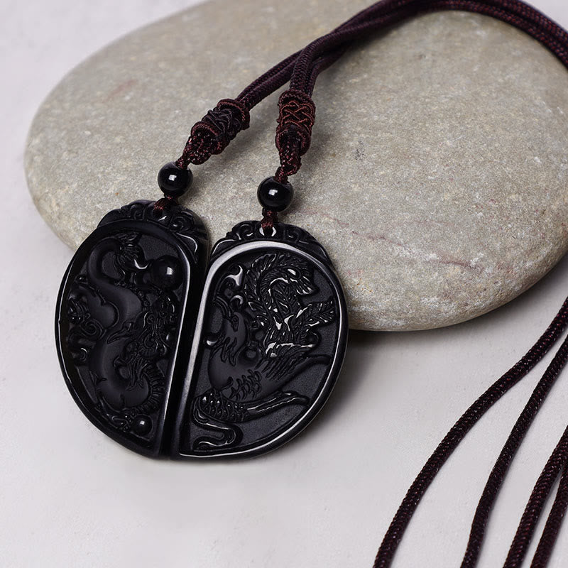 Black Obsidian Love Dragon Phoenix Protection Necklace Pendant