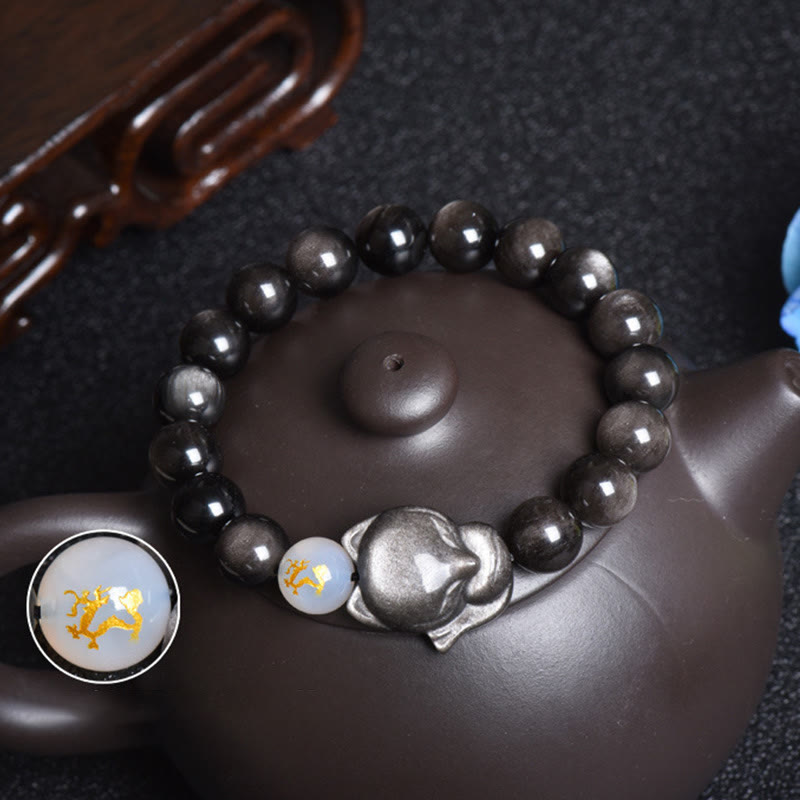 Natural Rainbow Obsidian Gold Sheen Obsidian Silver Sheen Obsidian Fox Healing Bracelet